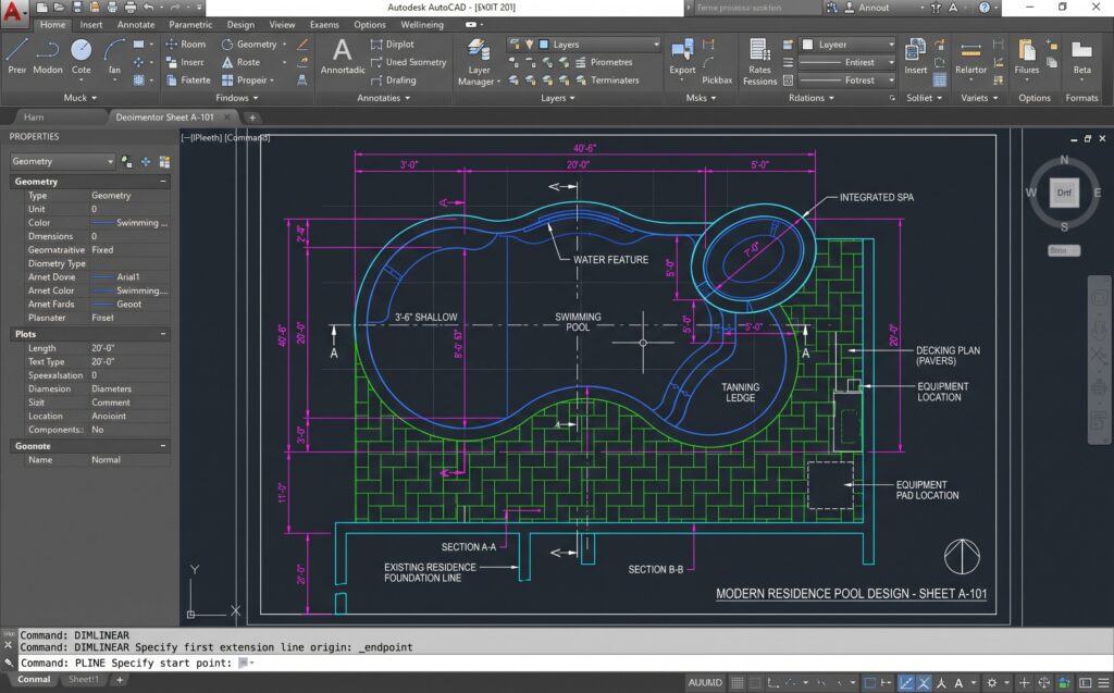 AutoCAD drawing of a residential swimming pool shell with dimensions and reinforcement notes.