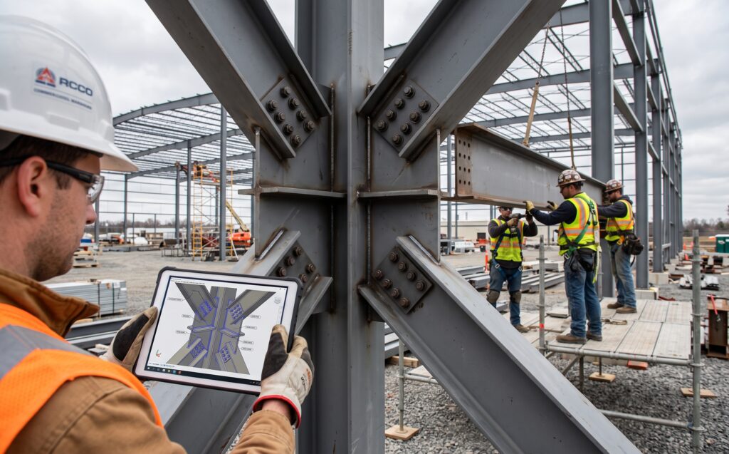 Detailer checking a 3D steel connection model on a tablet in front of the erected frame.