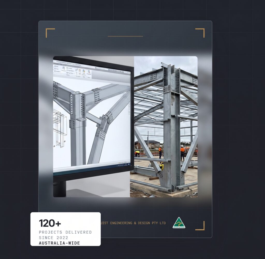 A 3D structural steel model shown beside the same frame built on site.