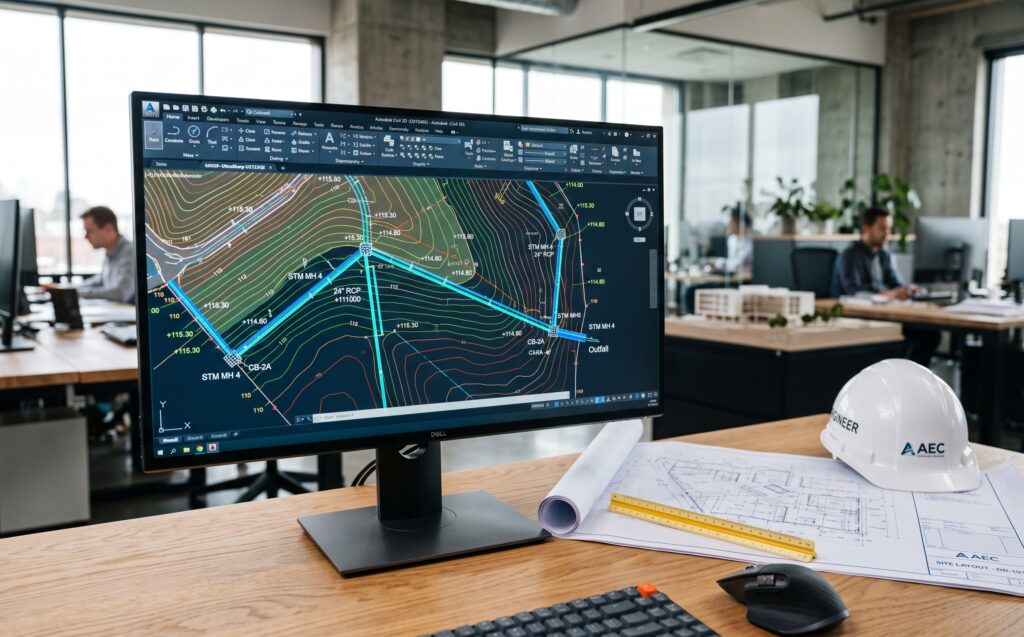 Civil site plan with contours and drainage runs open on a monitor beside rolled drawings and a hard hat.