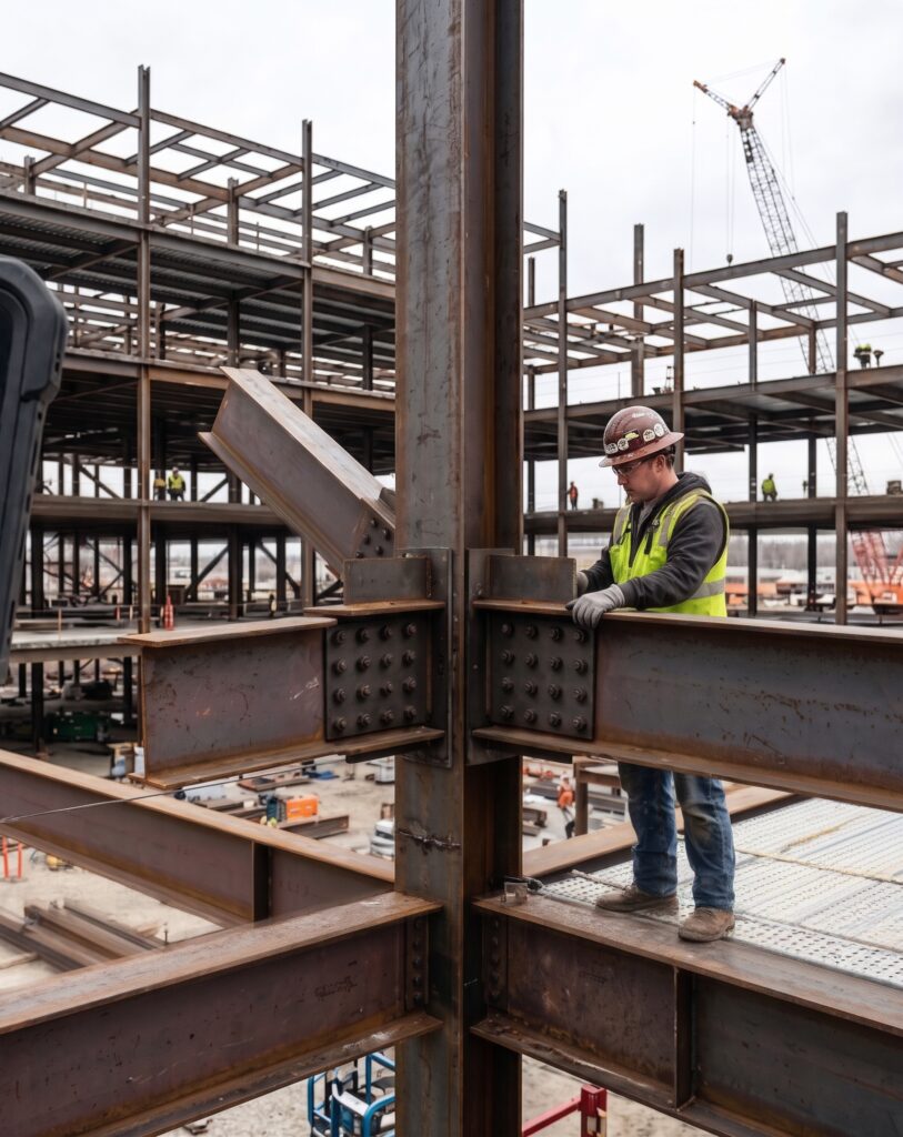 Engineer on site beside a bolted structural steel connection on a partly erected frame.