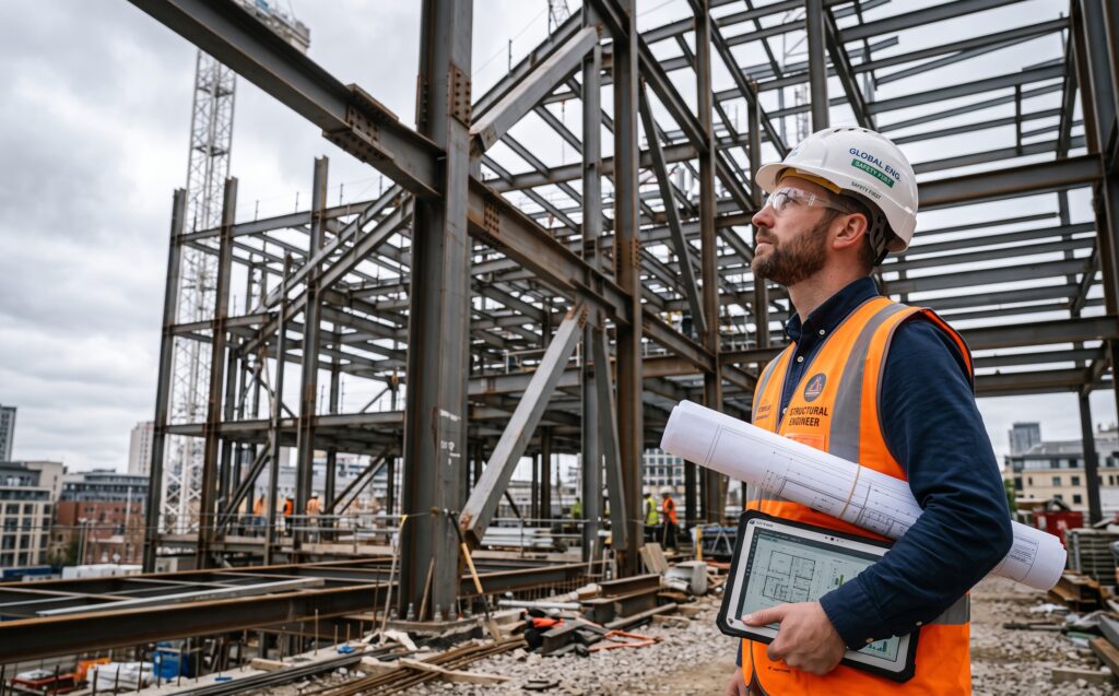 Structural steel frame under construction on a commercial site.